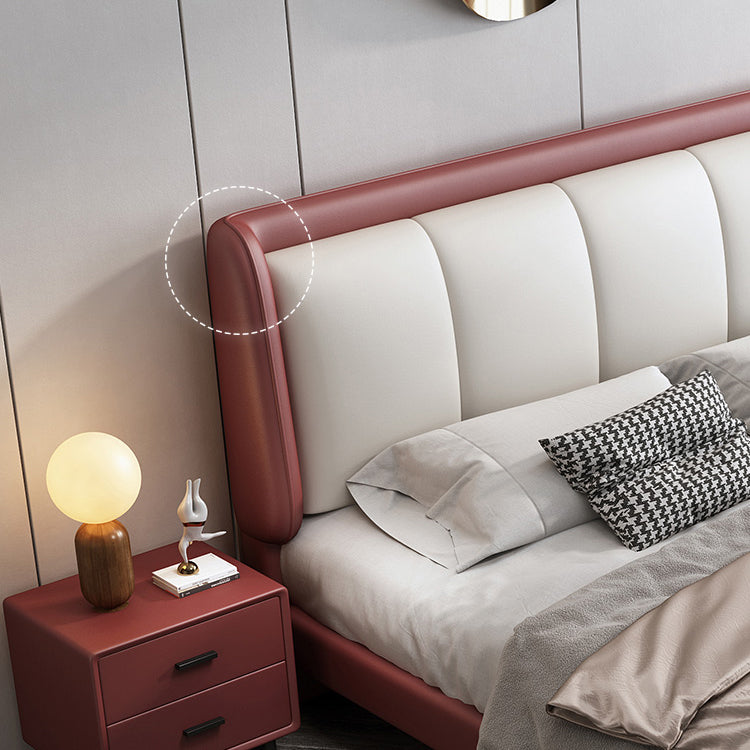 Scandinavian Genuine Leather Standard Bed Pine Wood Panel Bed