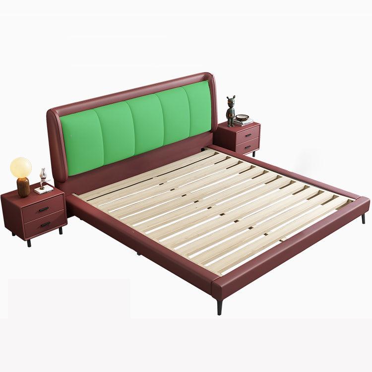 Scandinavian Genuine Leather Standard Bed Pine Wood Panel Bed