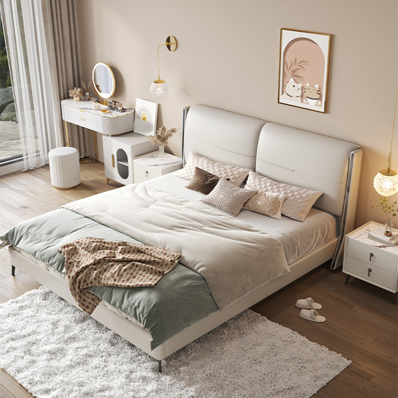 Modern Wood Panel Bed Beige Genuine Leather Standard Bed with Upholstered Headboard