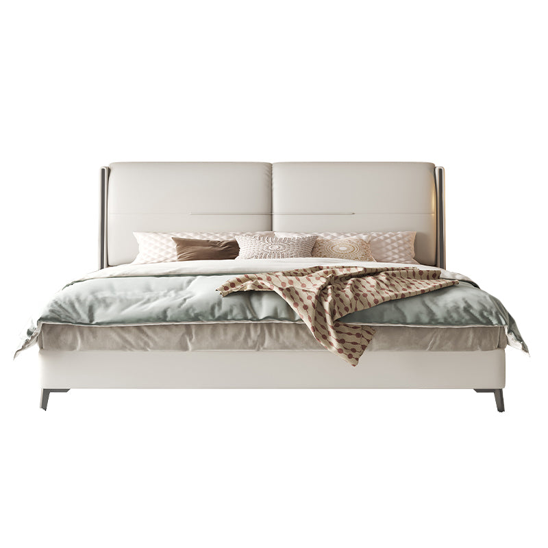 Modern Wood Panel Bed Beige Genuine Leather Standard Bed with Upholstered Headboard
