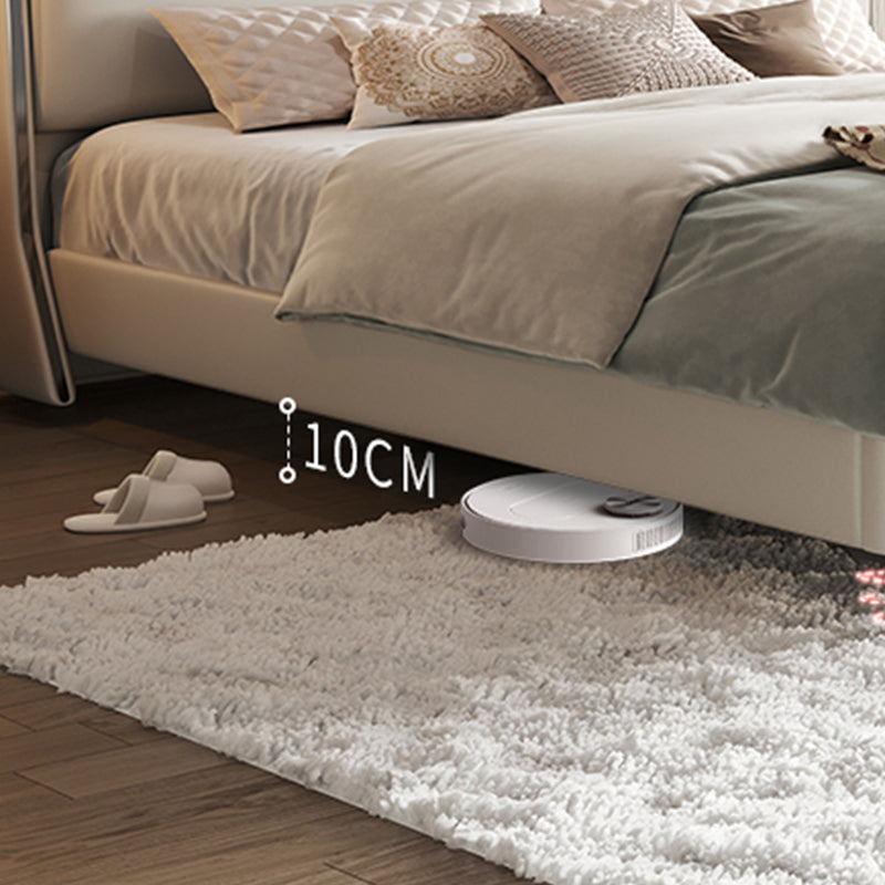 Modern Wood Panel Bed Beige Genuine Leather Standard Bed with Upholstered Headboard