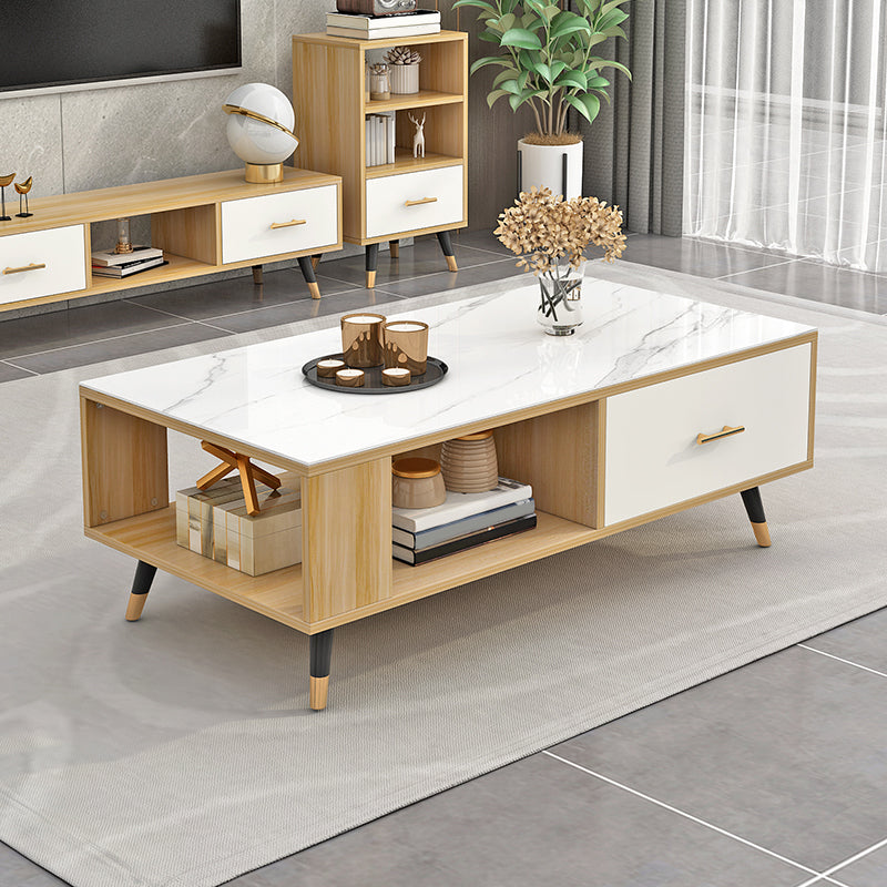 Modern Rectangular Coffee Table with Storage Wooden 4 Legs Cocktail Table