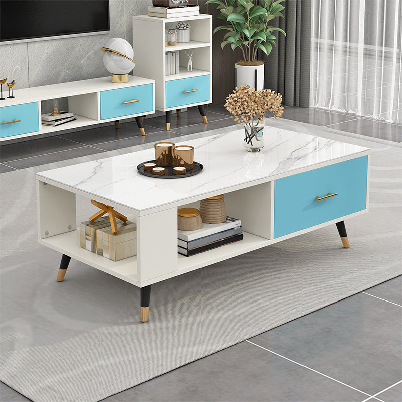 Modern Rectangular Coffee Table with Storage Wooden 4 Legs Cocktail Table