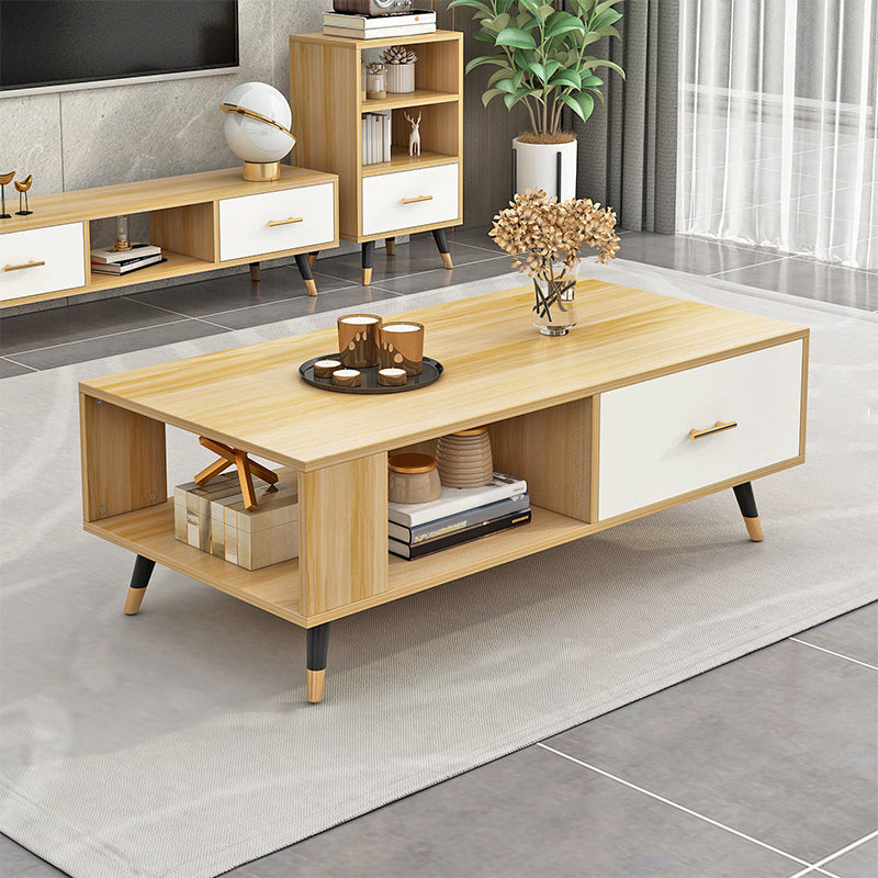 Modern Rectangular Coffee Table with Storage Wooden 4 Legs Cocktail Table