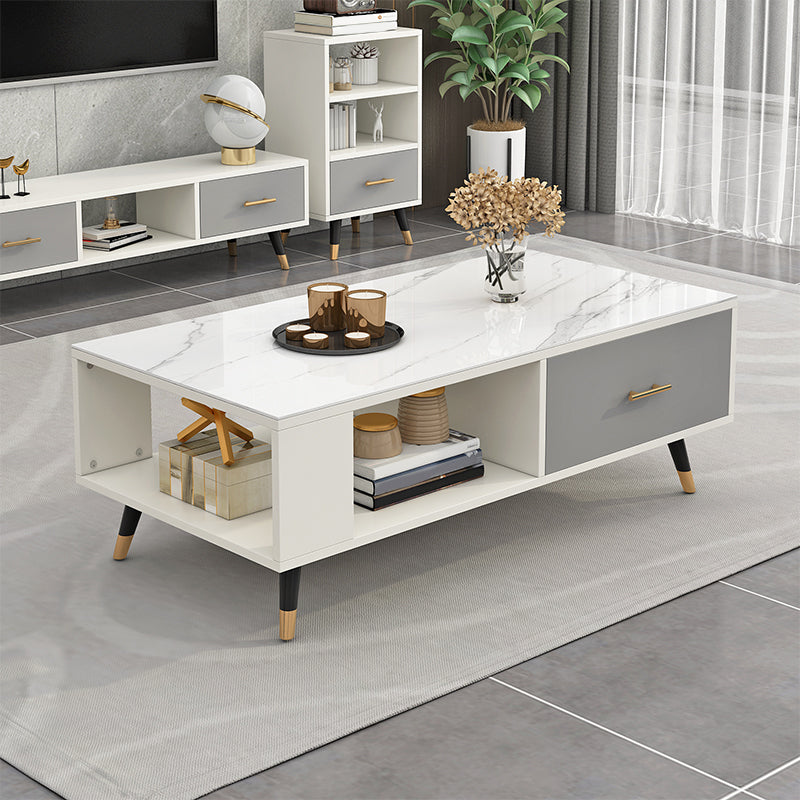 Modern Rectangular Coffee Table with Storage Wooden 4 Legs Cocktail Table