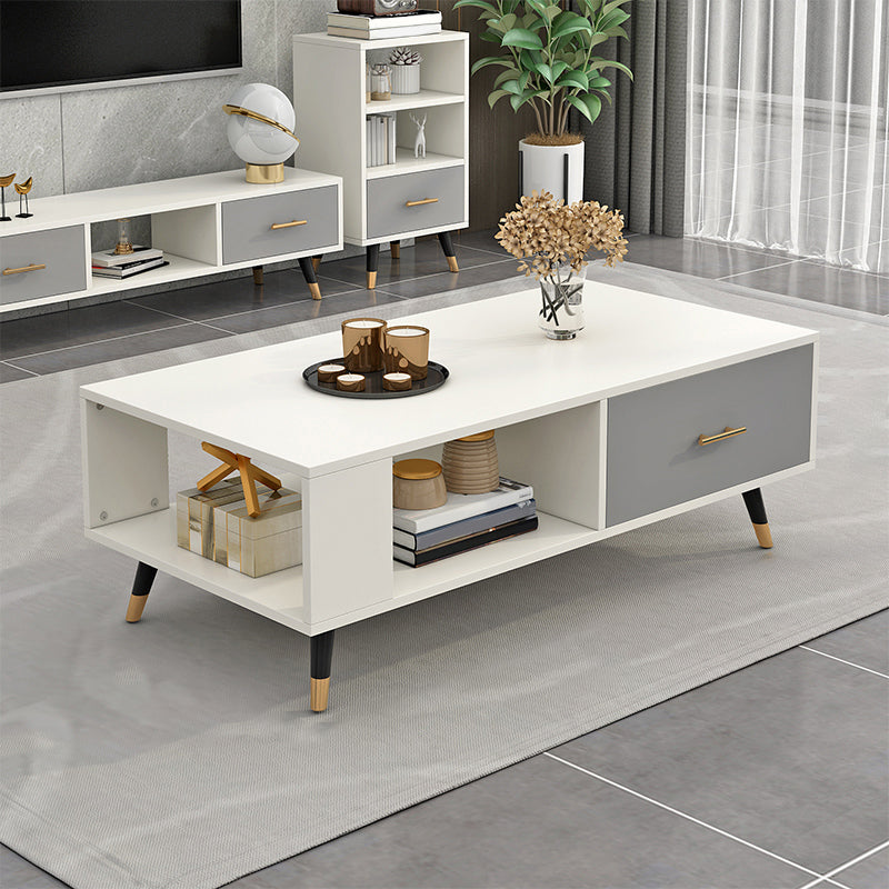 Modern Rectangular Coffee Table with Storage Wooden 4 Legs Cocktail Table