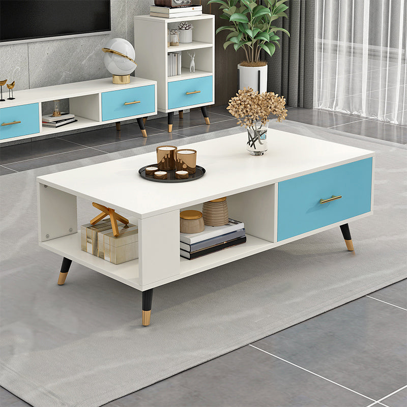 Modern Rectangular Coffee Table with Storage Wooden 4 Legs Cocktail Table