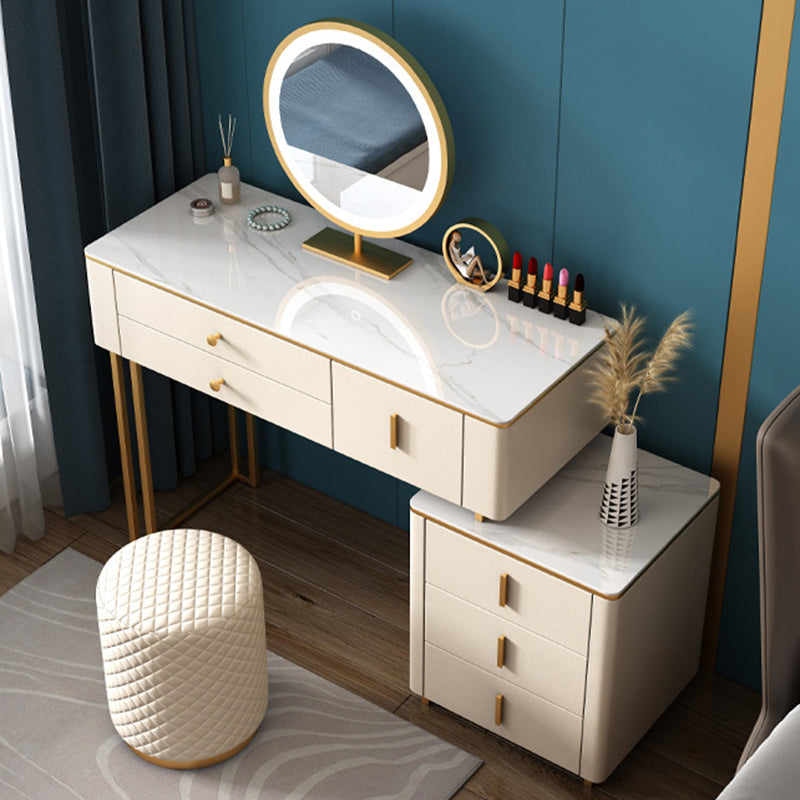 Stone Top Vanity Desk with 6 Drawers, Metallic White/Grey, 15.75" D x 30.71" H