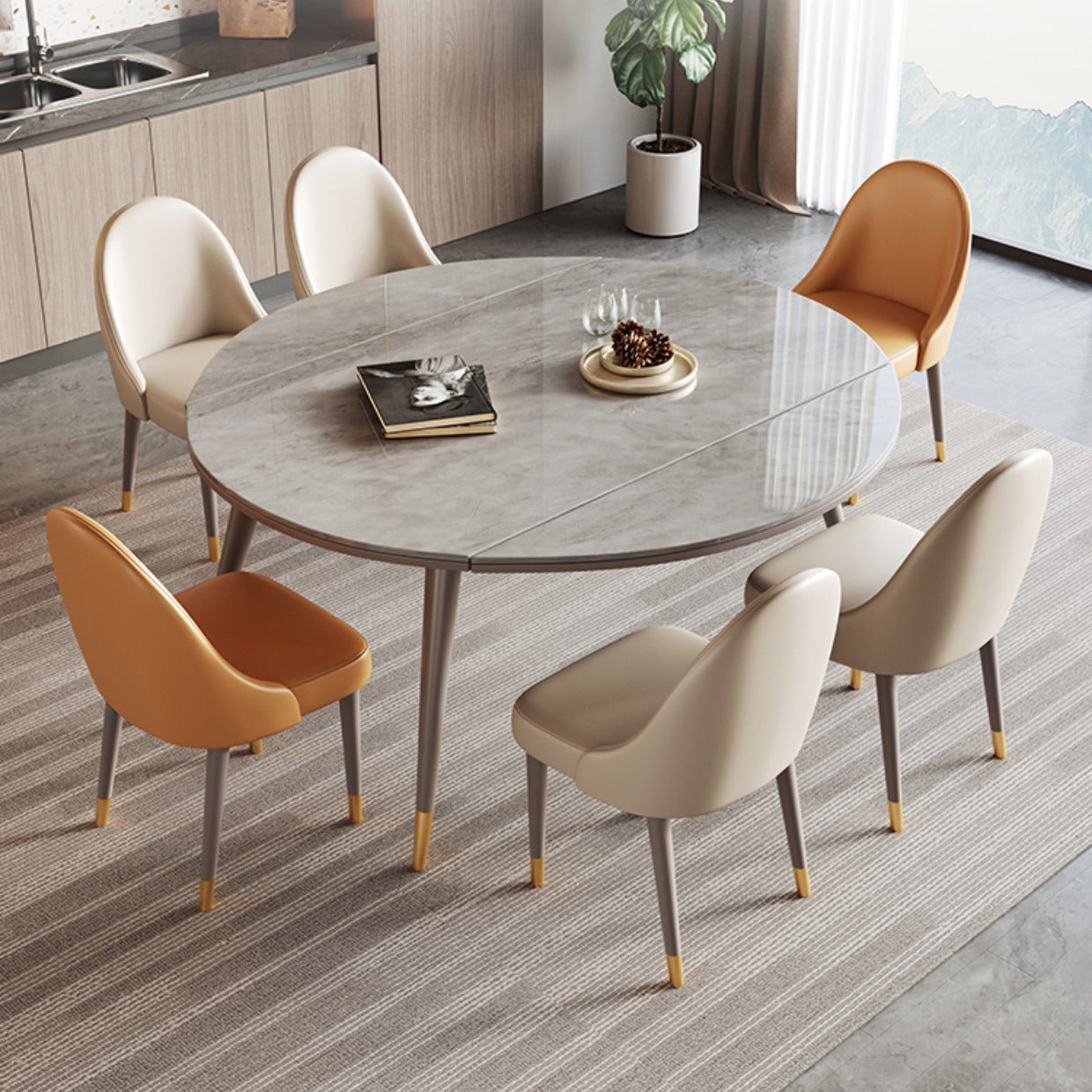 Contemporary Sintered Stone Table Round Table Set 1/4/5/7 Pieces Dining Set