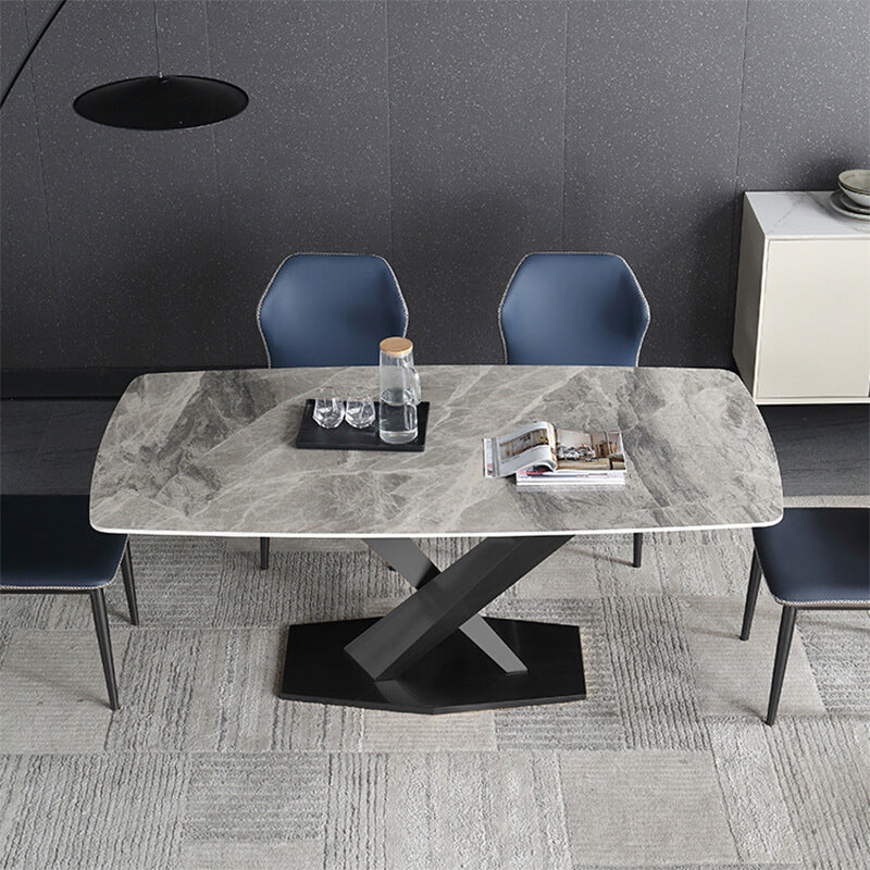 Luxury Sintered Stone Top Dining Table Rectangle Dining Table with Metal Pedestal in Black