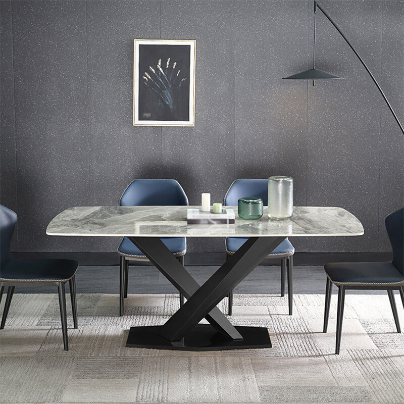 Luxury Sintered Stone Top Dining Table Rectangle Dining Table with Metal Pedestal in Black
