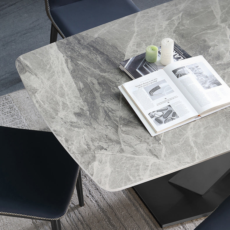 Luxury Sintered Stone Top Dining Table Rectangle Dining Table with Metal Pedestal in Black