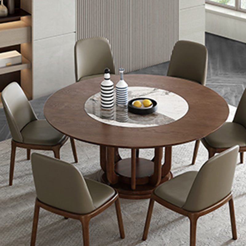 Walnut Color Solid Wood Round Dining Table Round Turntable Furniture with Pedestal Base