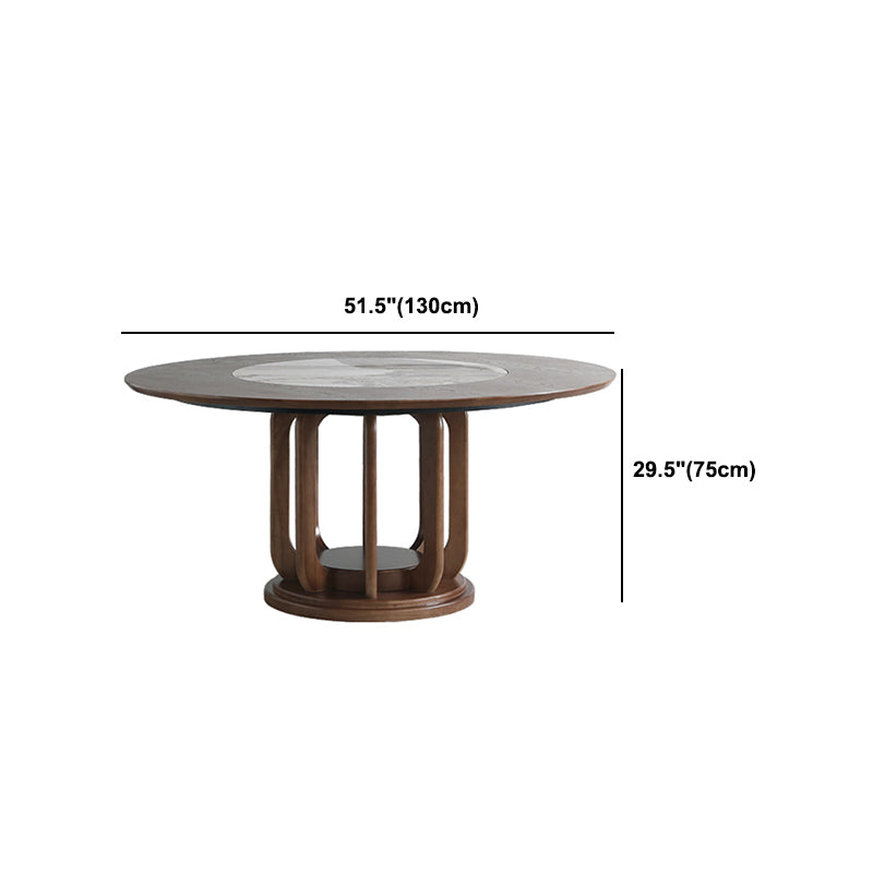 Walnut Color Solid Wood Round Dining Table Round Turntable Furniture with Pedestal Base