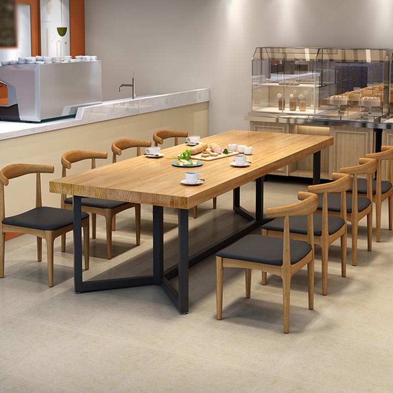 Black Metal Trestle Base Dining Table Rectangle Solid Wood Top Kitchen Dining Table