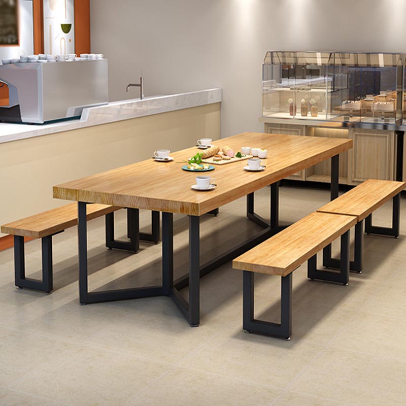 Black Metal Trestle Base Dining Table Rectangle Solid Wood Top Kitchen Dining Table