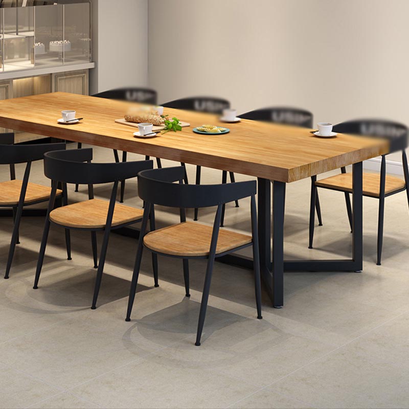 Black Metal Trestle Base Dining Table Rectangle Solid Wood Top Kitchen Dining Table