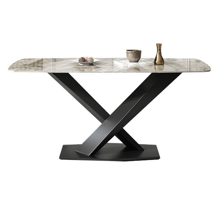 Modern Pedestal Casual Dining Table Stone Top Black Frame Dining Site Table