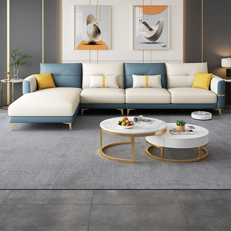 Glam Faux Leather Sofa Blue and Beige Square Arm Sofa with Pillows
