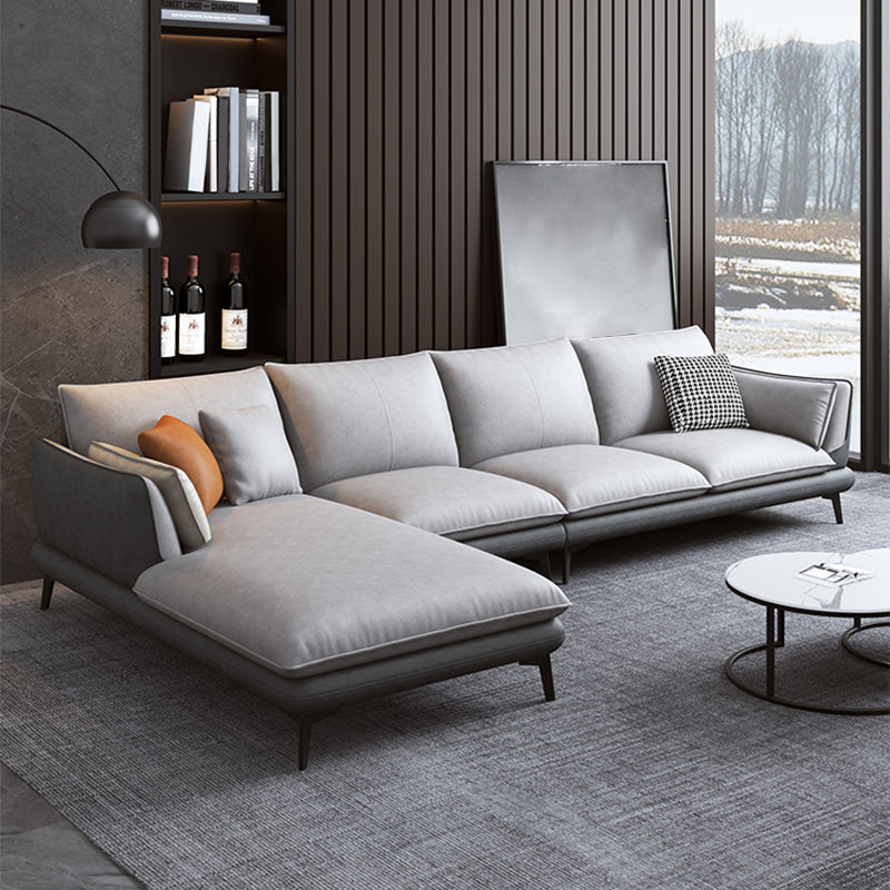 Faux Leather Sofa & Chaise Modern Flared Arm Sofa in Light Grey