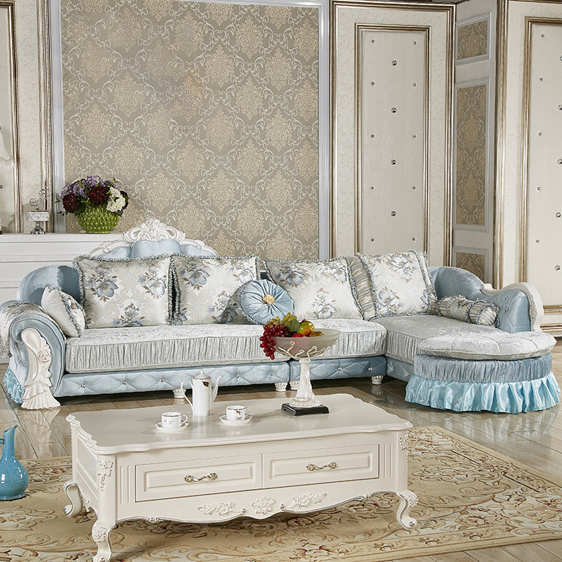 Traditional Wooden 4-Seater Sofa Chaise Flared Arm Sofa with Pillows