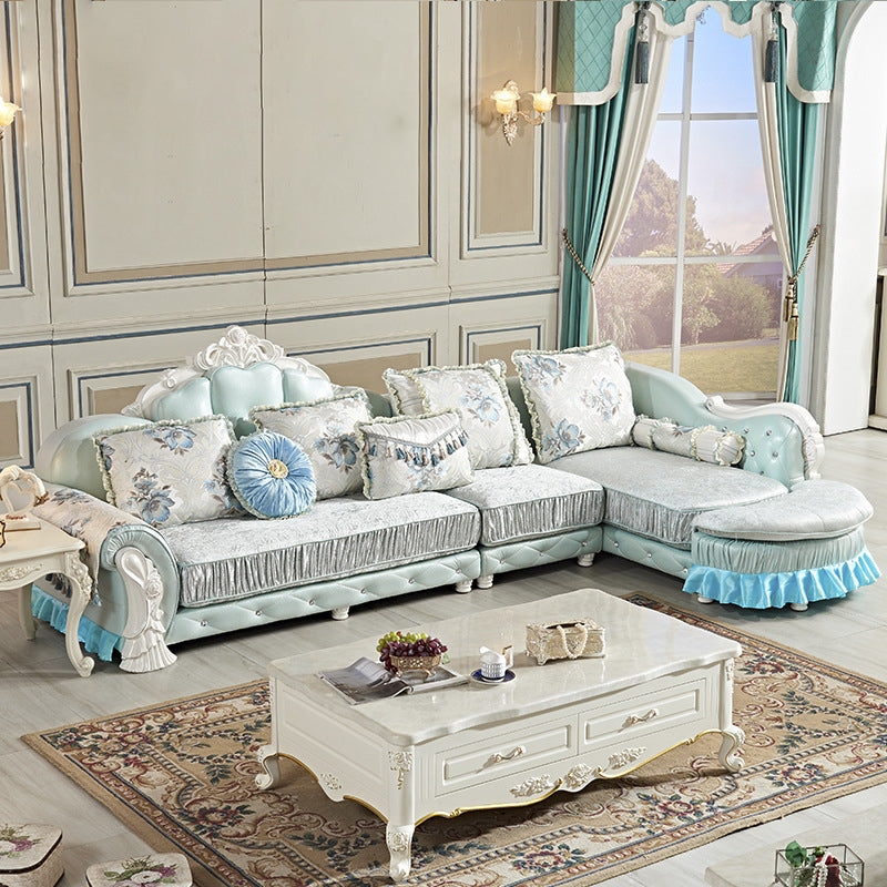 Traditional Wooden 4-Seater Sofa Chaise Flared Arm Sofa with Pillows