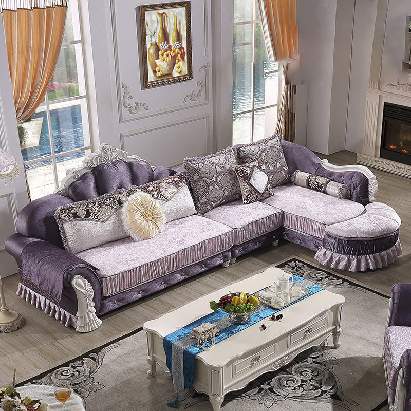 Traditional Wooden 4-Seater Sofa Chaise Flared Arm Sofa with Pillows