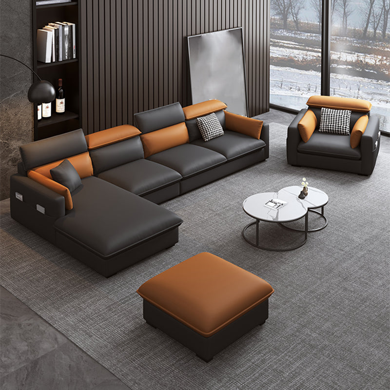 Contemporary Sofa & Chaise Faux Leather Sofa with Bolster Pillows