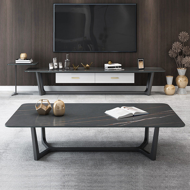 Glam Style Rectangular Slate with Trestle Base Black Foot Coffee Table