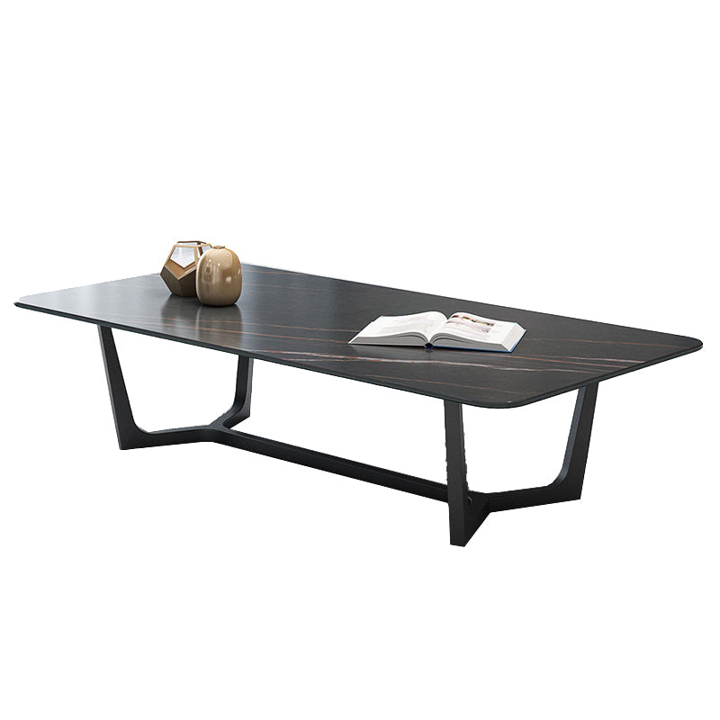 Glam Style Rectangular Slate with Trestle Base Black Foot Coffee Table