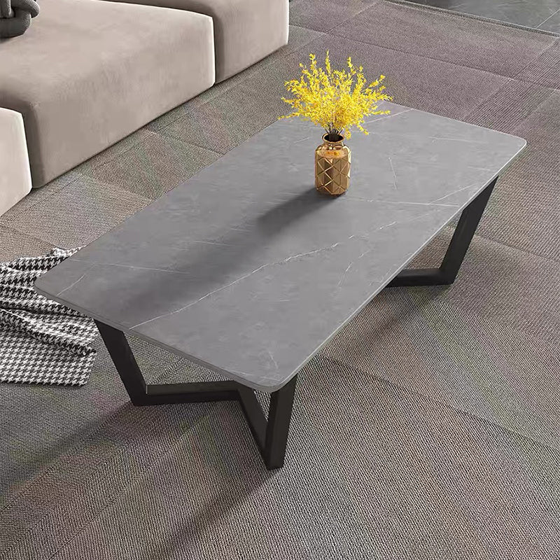 Glam Style Rectangular Slate with Trestle Base Black Foot Coffee Table
