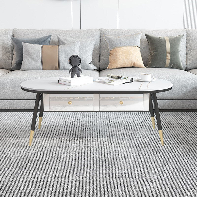 Glam Style with 2 Drawers Black/White Top Gold Metal Footer Coffee Table