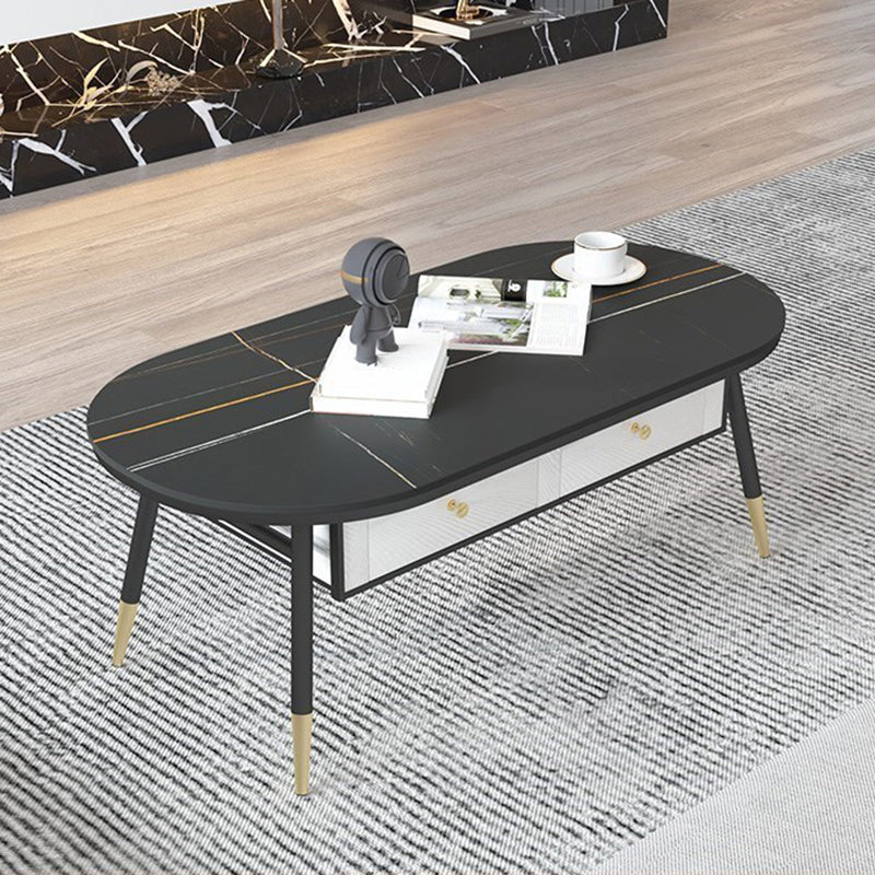 Glam Style with 2 Drawers Black/White Top Gold Metal Footer Coffee Table