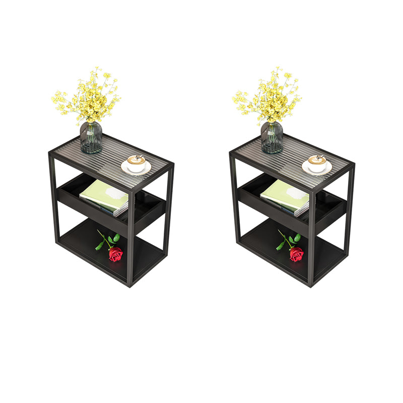 21.6" Tall Modern Rectangular Glass Top Side Table Iron Frame End Table with Shelves