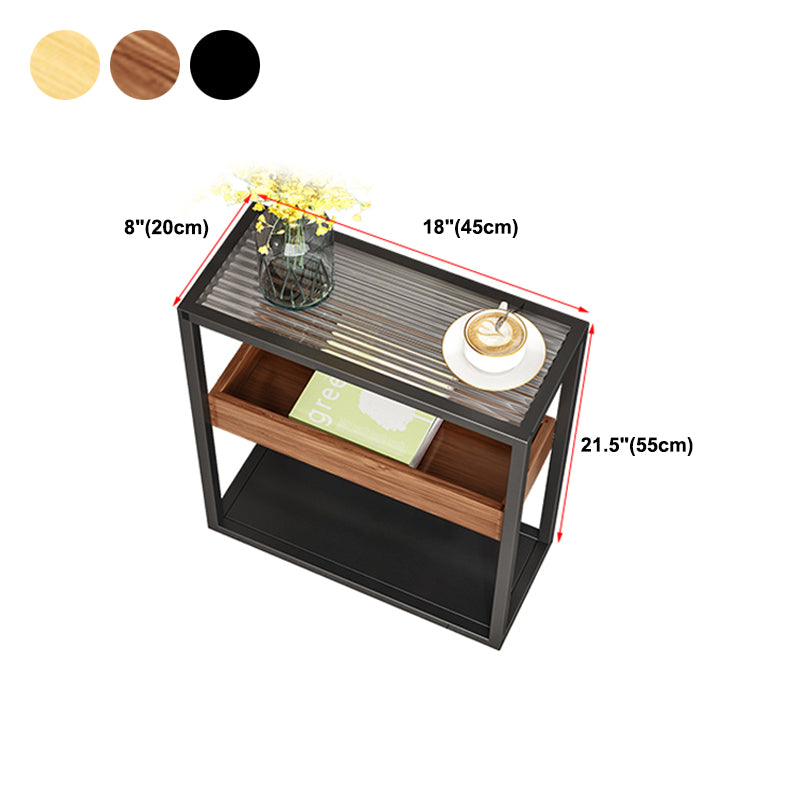 21.6" Tall Modern Rectangular Glass Top Side Table Iron Frame End Table with Shelves