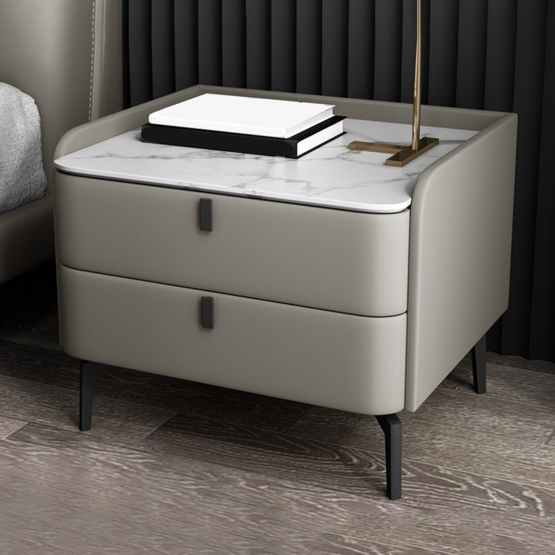 Modern 20-inch Tall Solid Wood Night Table 2-Drawer Stone Top Nightstand