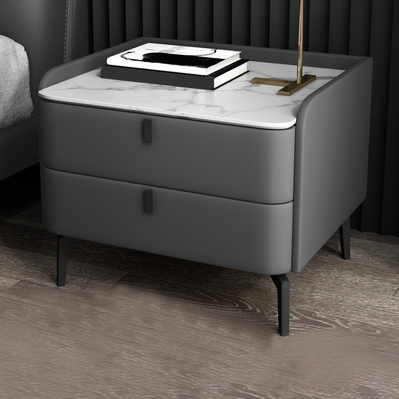 Modern 20-inch Tall Solid Wood Night Table 2-Drawer Stone Top Nightstand