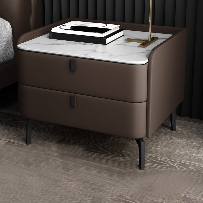 Modern 20-inch Tall Solid Wood Night Table 2-Drawer Stone Top Nightstand