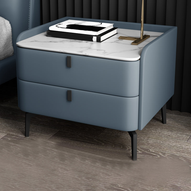 Modern 20-inch Tall Solid Wood Night Table 2-Drawer Stone Top Nightstand