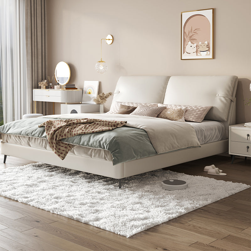 Modern Genuine Leather Bed Frame Pine Wood Panel Bed with Upholstered Headboard