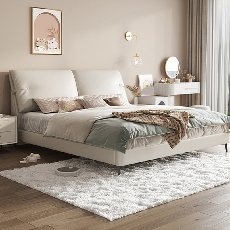 Modern Genuine Leather Bed Frame Pine Wood Panel Bed with Upholstered Headboard