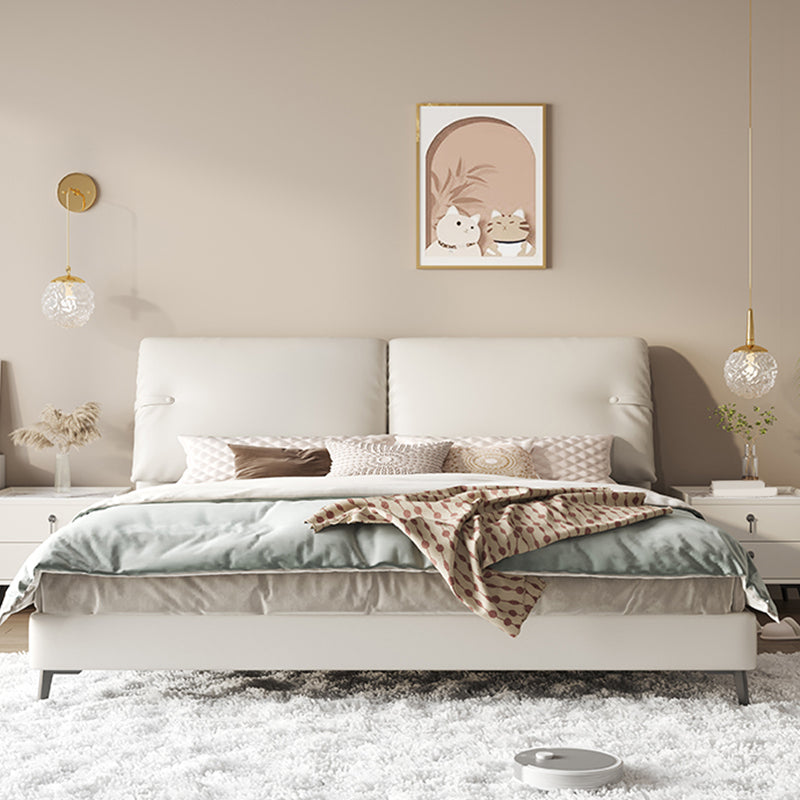 Modern Genuine Leather Bed Frame Pine Wood Panel Bed with Upholstered Headboard