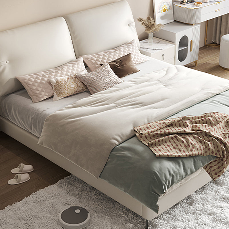 Modern Genuine Leather Bed Frame Pine Wood Panel Bed with Upholstered Headboard