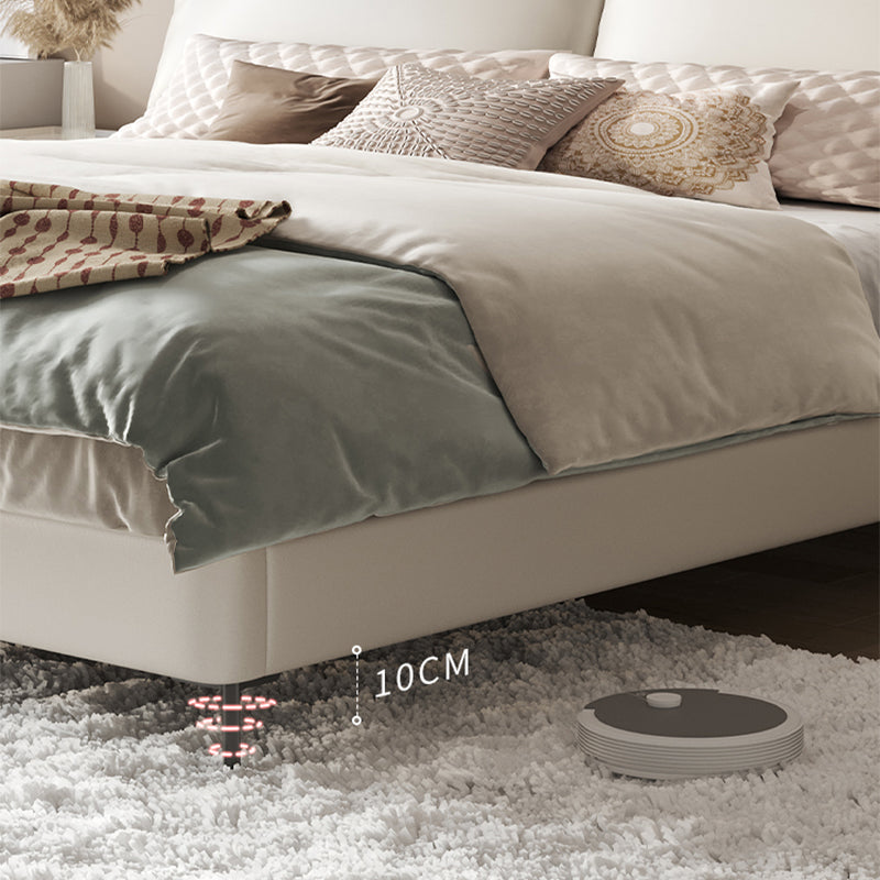 Modern Genuine Leather Bed Frame Pine Wood Panel Bed with Upholstered Headboard