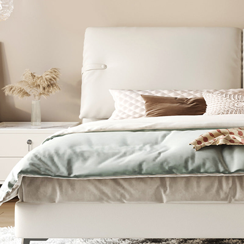 Modern Genuine Leather Bed Frame Pine Wood Panel Bed with Upholstered Headboard