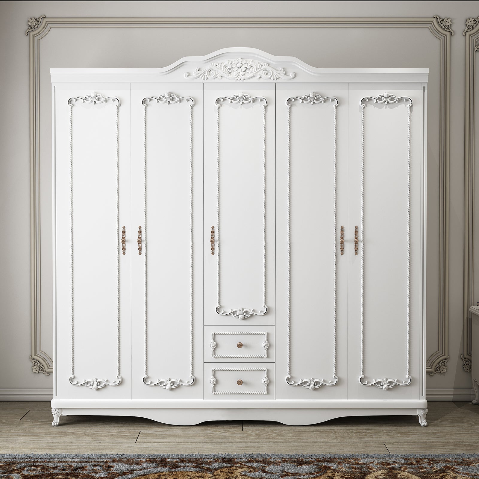 French Country White Wardrobe for Bedroom Manufactured Wood Cabinet with Drawers