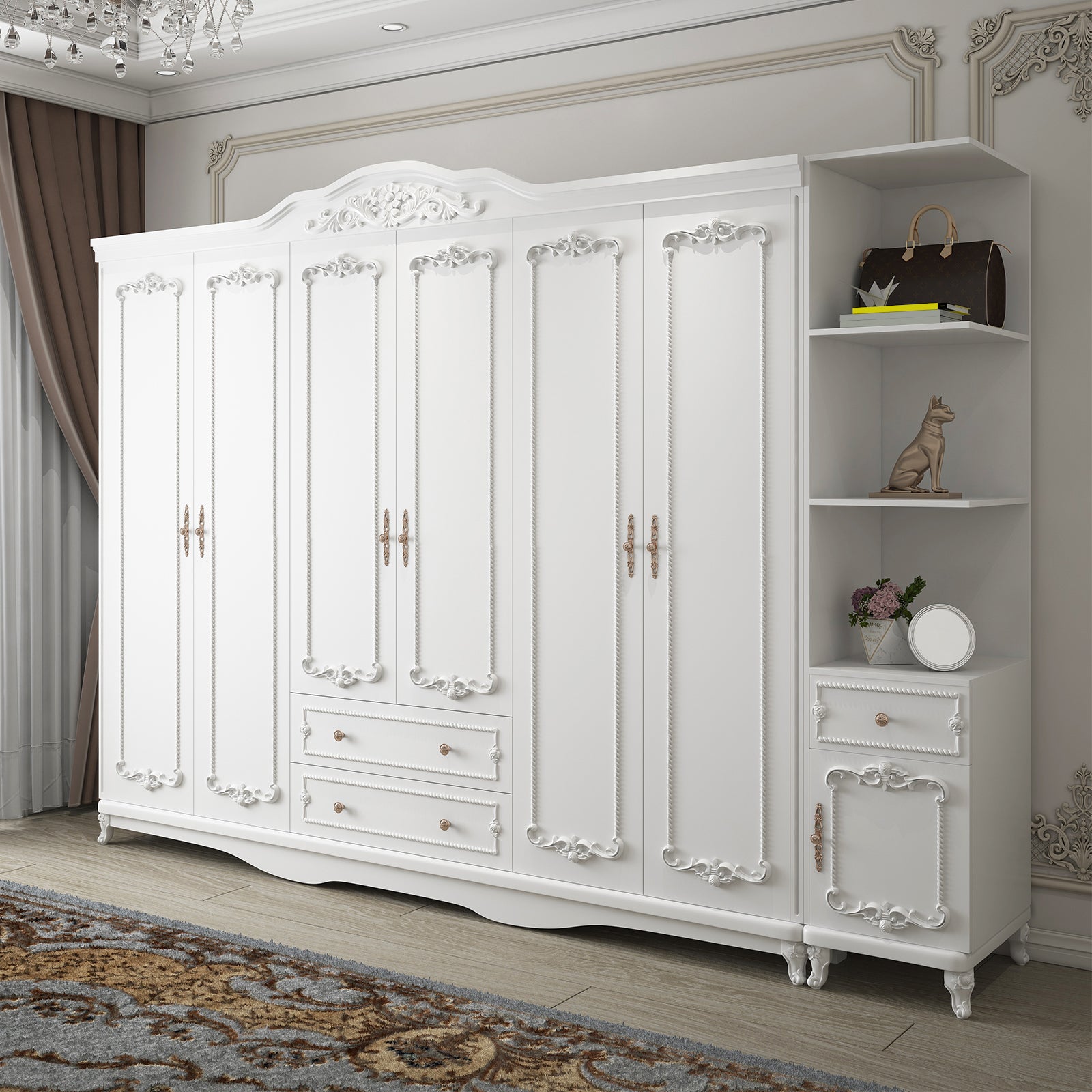 French Country White Wardrobe for Bedroom Manufactured Wood Cabinet with Drawers