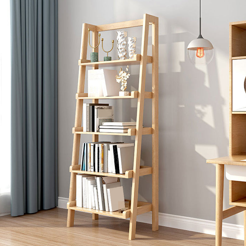 Modern Style Bookcase Rubber Wood Open Back Ladder Bookshelf for Home Office