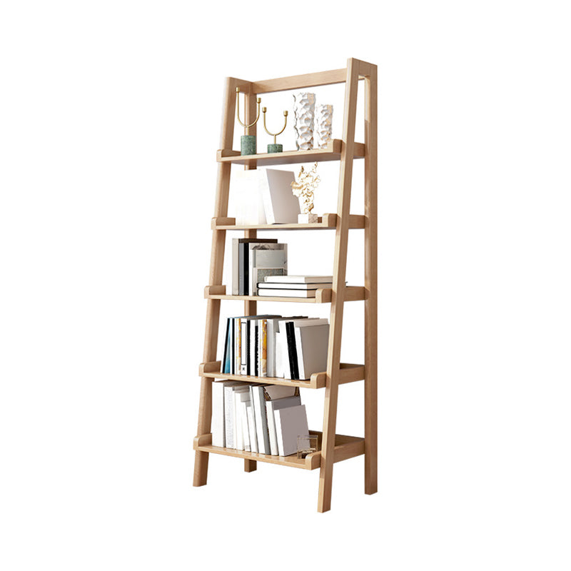 Modern Style Bookcase Rubber Wood Open Back Ladder Bookshelf for Home Office