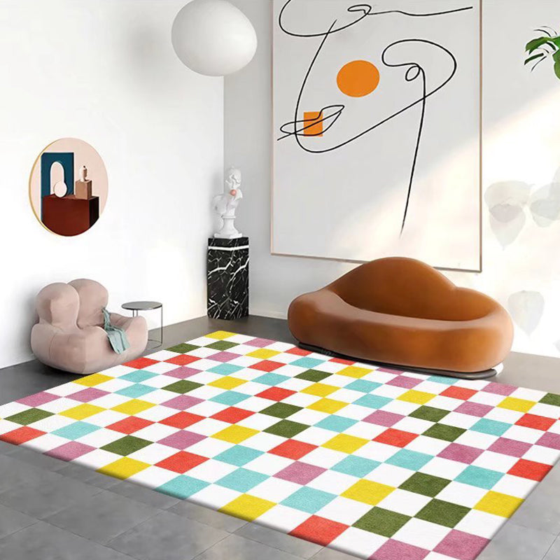 Blue Modern Rug Polyester Check Pattern Rug Stain Resistant Rug for Sitting Room